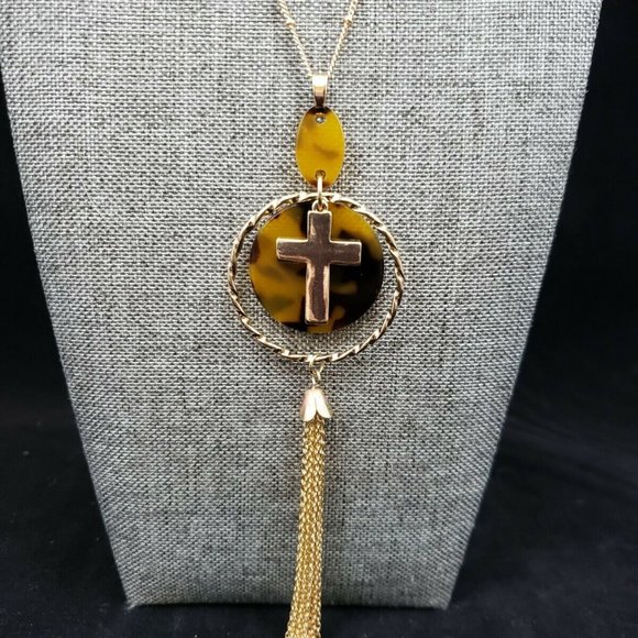 C1946 Cross, Calico and Rose Gold Tone Necklace - Picture 1 of 9